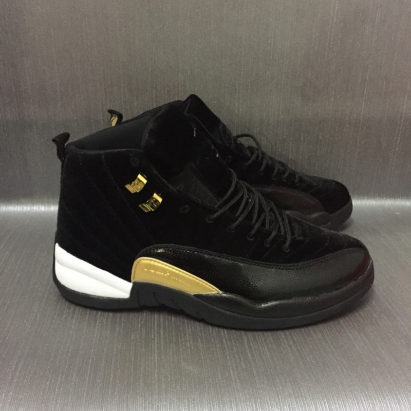 New Women Air Jordan 12 Velvet Black Gold Shoes