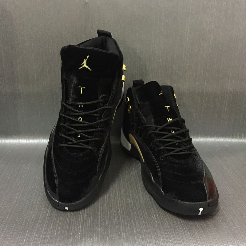 New Women Air Jordan 12 Velvet Black Gold Shoes - Click Image to Close