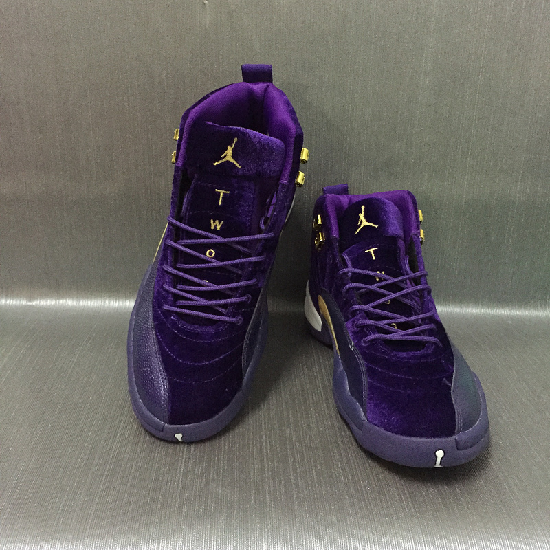 New Women Air Jordan 12 Velvet Purple Gold Shoes