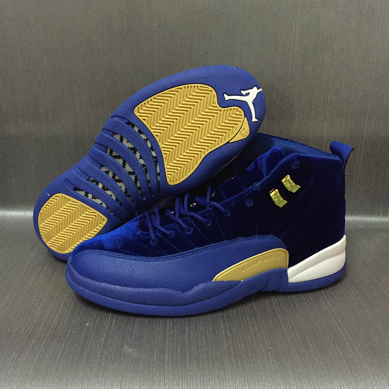 New Women Air Jordan 12 Velvet Royal Blue Gold Shoes - Click Image to Close