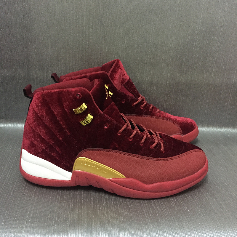 New Women Air Jordan 12 Velvet Wine Red Gold Shoes