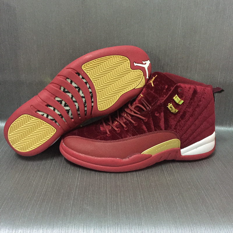 New Women Air Jordan 12 Velvet Wine Red Gold Shoes - Click Image to Close