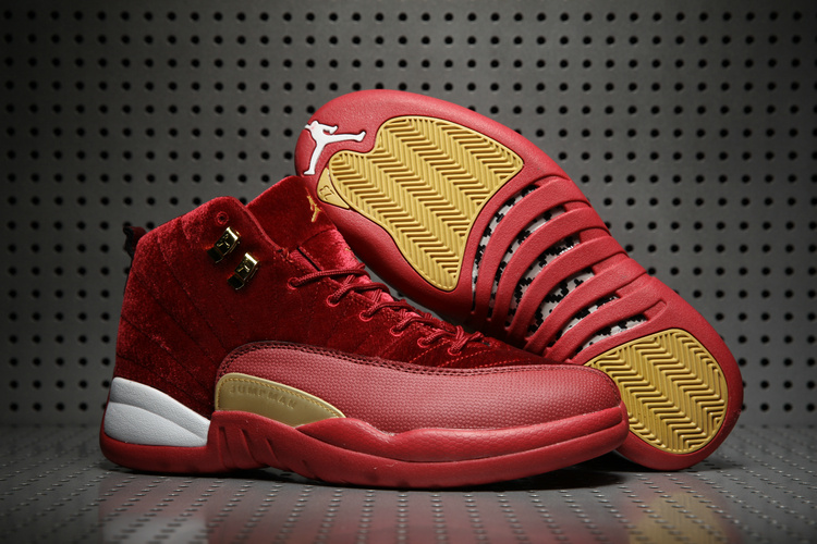 New Air Jordan 12 Velvet Wine Red Yellow White Shoes - Click Image to Close