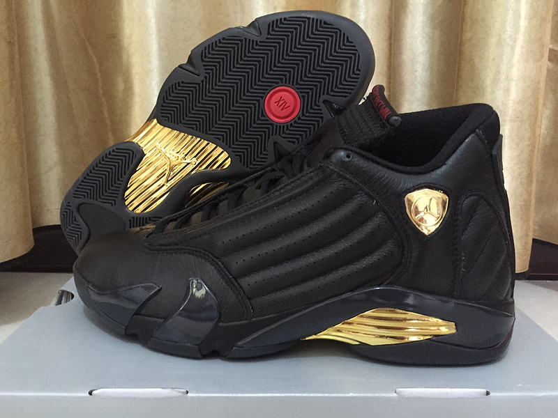 black and gold jordan 14s