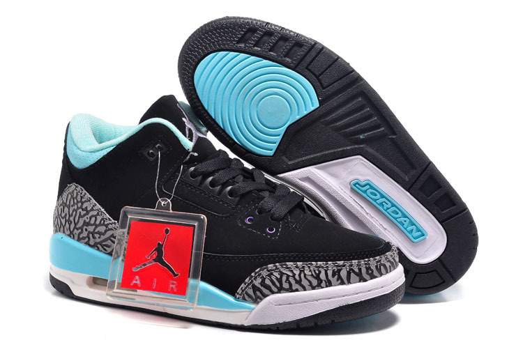 New Air Jordan 3 Black Baby Blue Grey Cement For Women - Click Image to Close