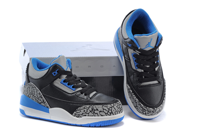 New Air Jordan 3 Black Grey Cement Blue Shoes For Kids