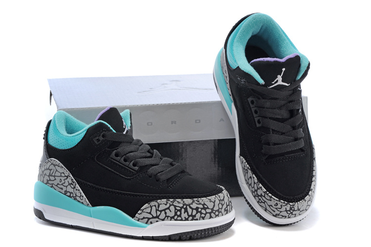 New Air Jordan 3 Black Grey Cement Green Shoes For Kids
