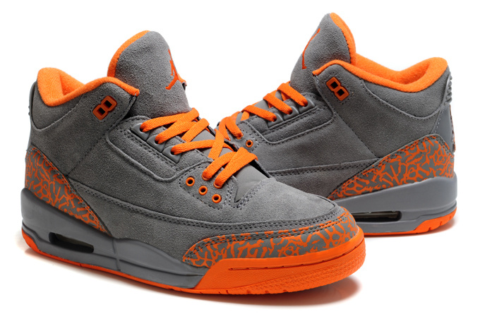 New Air Jordan 3 Suede Grey Orange Cement Shoes For Women - Click Image to Close