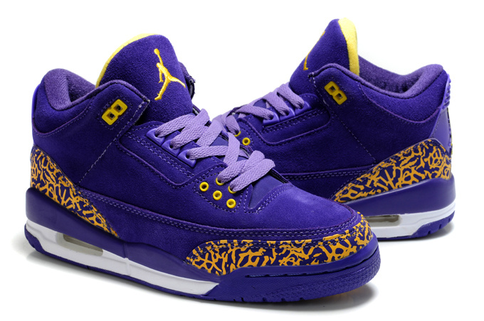 New Air Jordan 3 Suede Purple Yellow Cement Shoes For Women - Click Image to Close