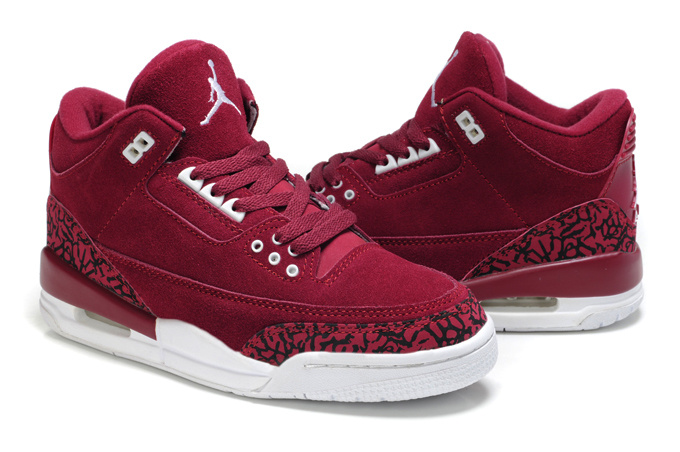 New Air Jordan 3 Suede Wine Red Black Cement Shoes For Women