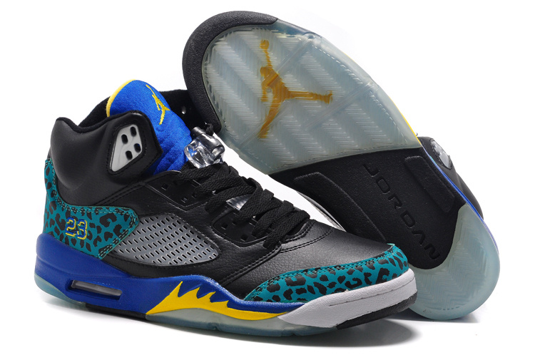 New Air Jordan 5 Retro Black Blue Fire Yellow Shoes