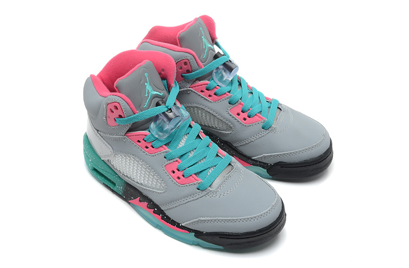 New Air Jordan 5 Retro Grey Pink Green Shoes For Women - Click Image to Close