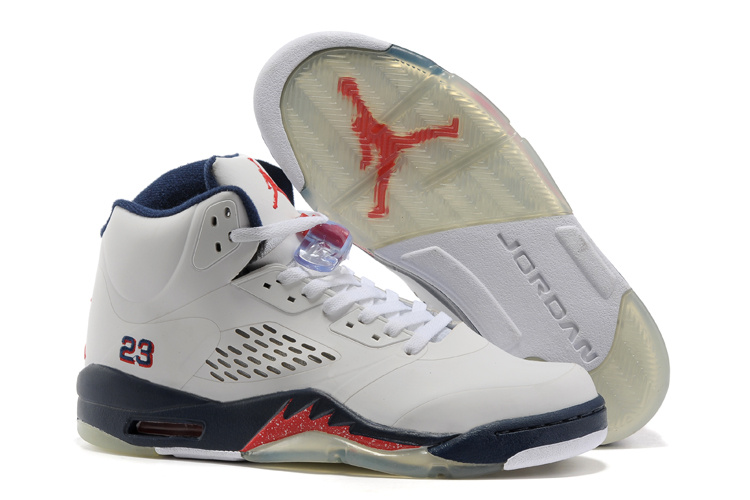 New Air Jordan Retro 5 White Blue Fire Red Shoes - Click Image to Close