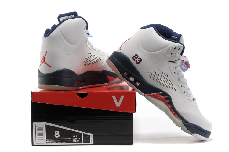 New Air Jordan Retro 5 White Blue Fire Red Shoes - Click Image to Close