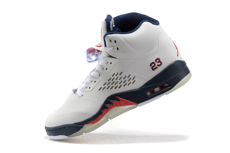 New Air Jordan Retro 5 White Blue Fire Red Shoes - Click Image to Close