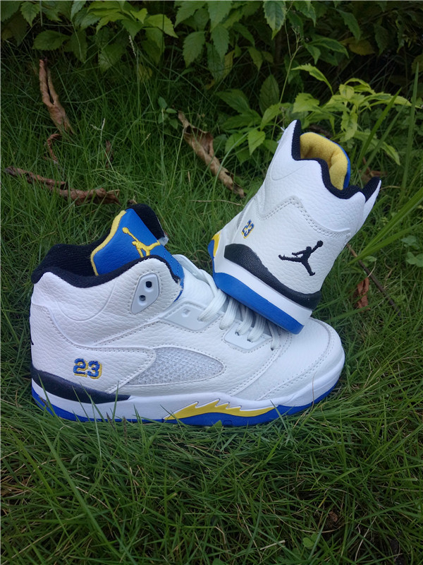 New Air Jordan 5 White Blue Yellow Shoes For Kids