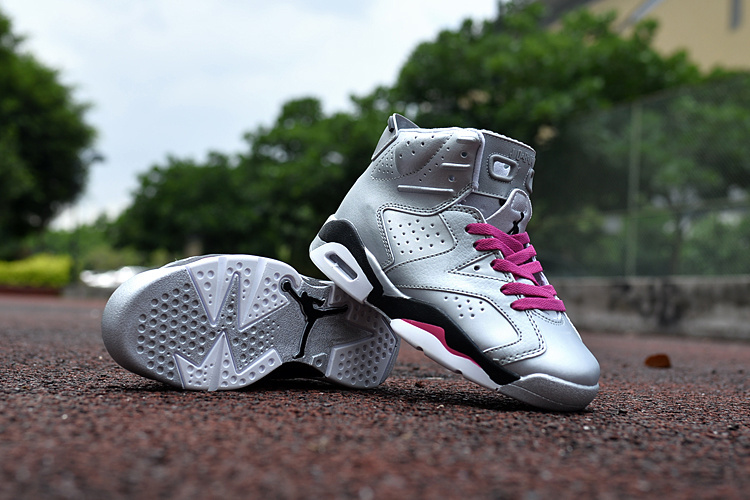 New Air Jordan 6 Silver Pink Black Shoes For Kids - Click Image to Close