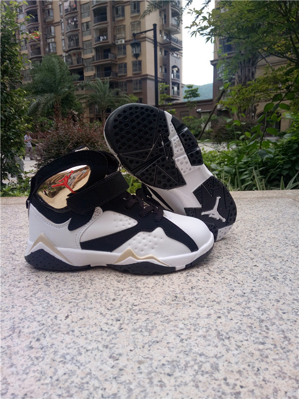 New Air Jordan 7 Retro Black White Gold Shoes For Kids - Click Image to Close