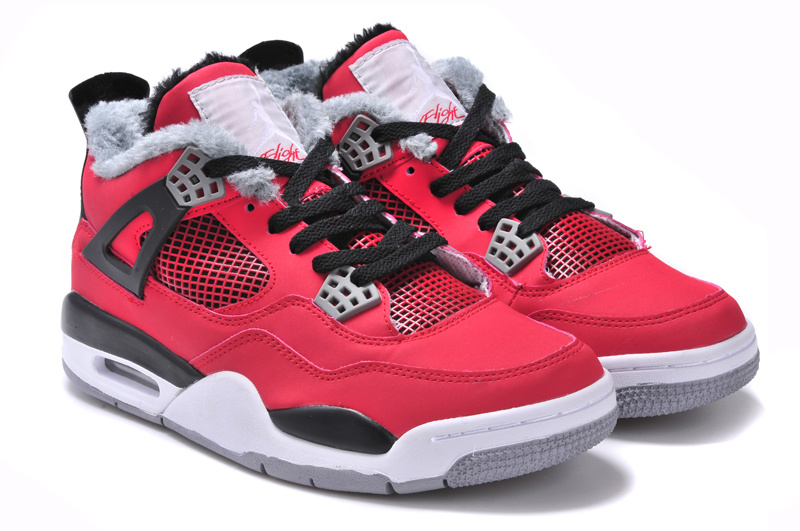 New Arrival Jordan 4 Retro Red Black White Grey with Wool - Click Image to Close