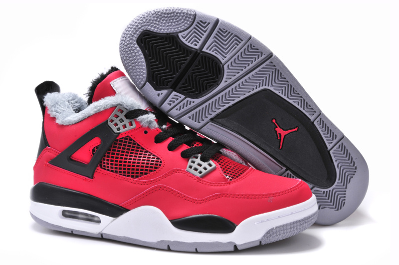 New Arrival Jordan 4 Retro Red Black White Grey with Wool