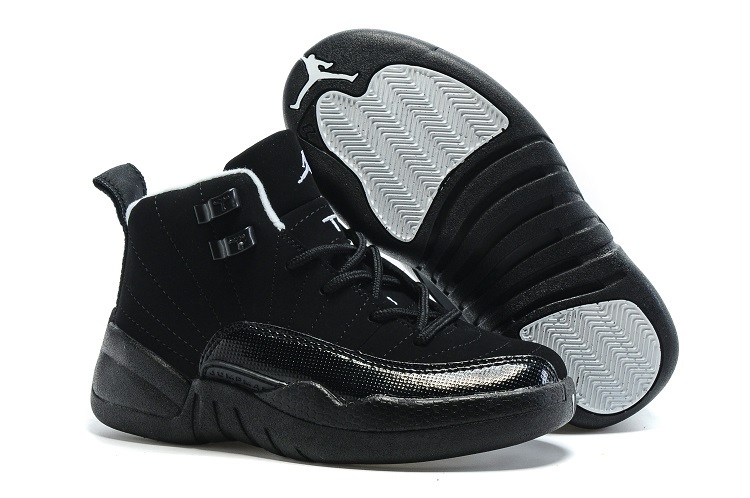 New Kids Air Jordan 12 All Black Shoes - Click Image to Close