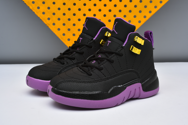 New Kids Air Jordan 12 Black Purple Shoes - Click Image to Close