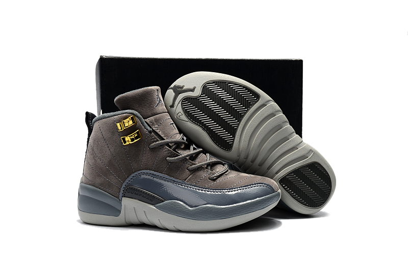 New Kids Air Jordan 12 Dark Grey Gold Shoes - Click Image to Close