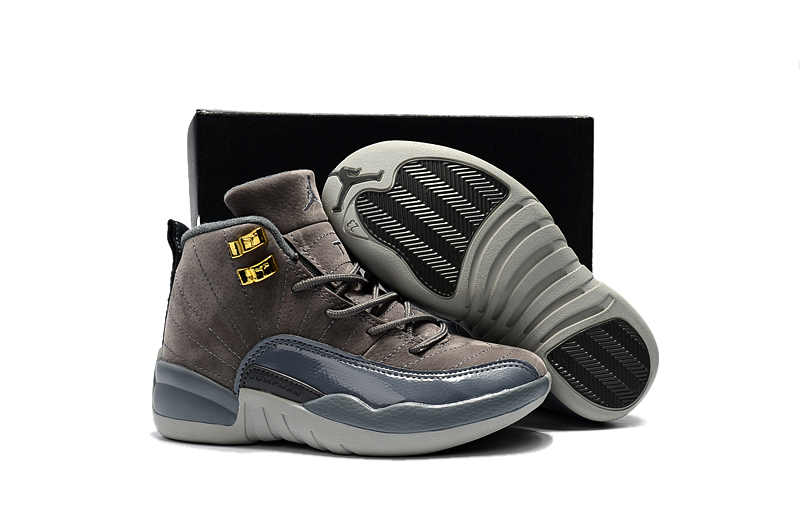 New Kids Air Jordan 12 Dark Grey Gold Shoes