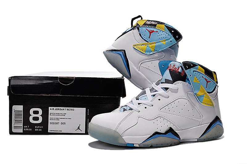 New Air Jordan 7 Retro White Baby Blue Yellow Shoes For Women - Click Image to Close