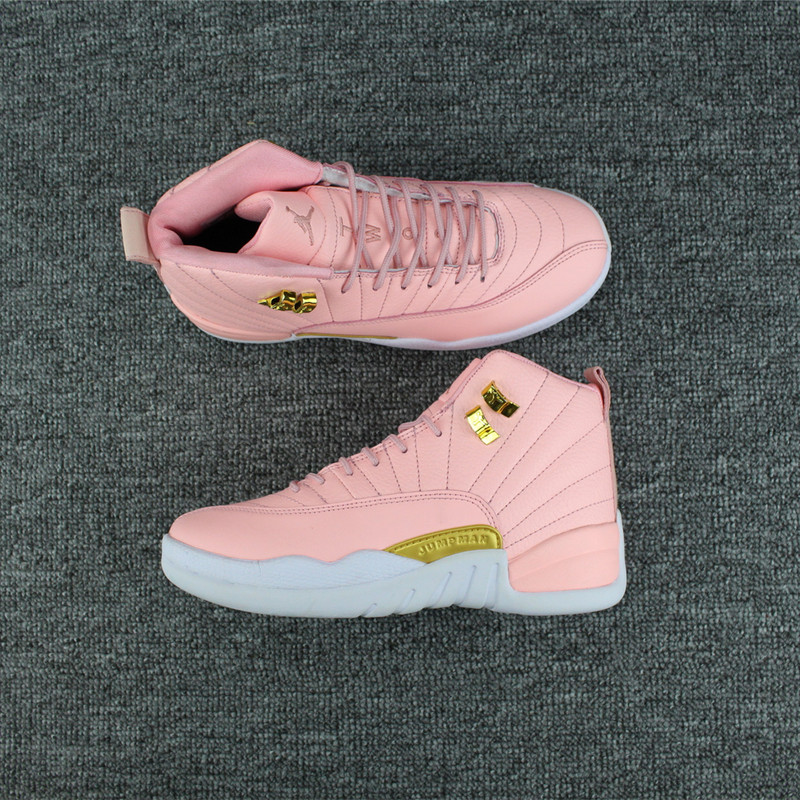 New Women Air Jordan 12 Pink Gold White Shoes