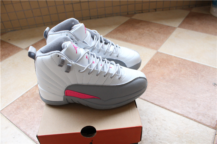 New Women Air Jordan 12 White Grey Pink Shoes - Click Image to Close