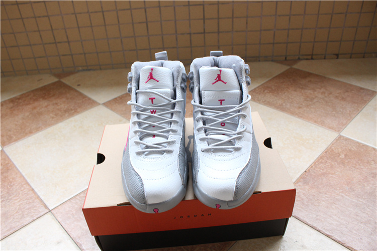 New Women Air Jordan 12 White Grey Pink Shoes