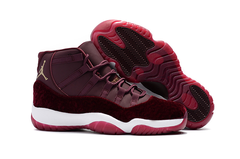Official Air Jordan 11 Velvet Pattern Wine Red White Gold Shoes - Click Image to Close