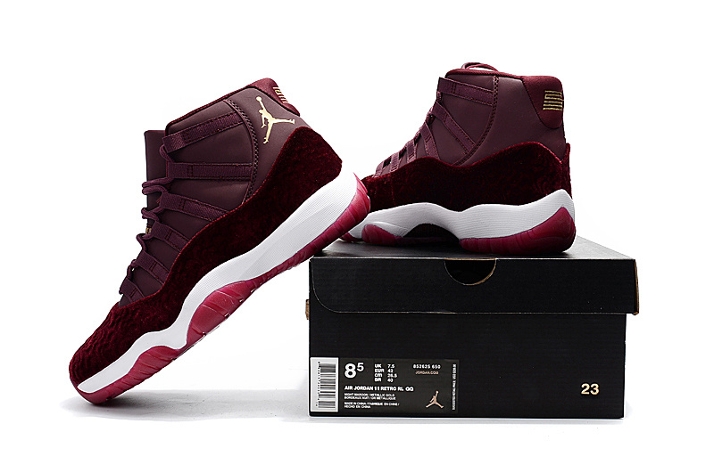 Official Air Jordan 11 Velvet Pattern Wine Red White Gold Shoes - Click Image to Close