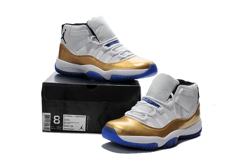 Original New Air Jordan 11 White Gold Blue Sole Shoes - Click Image to Close