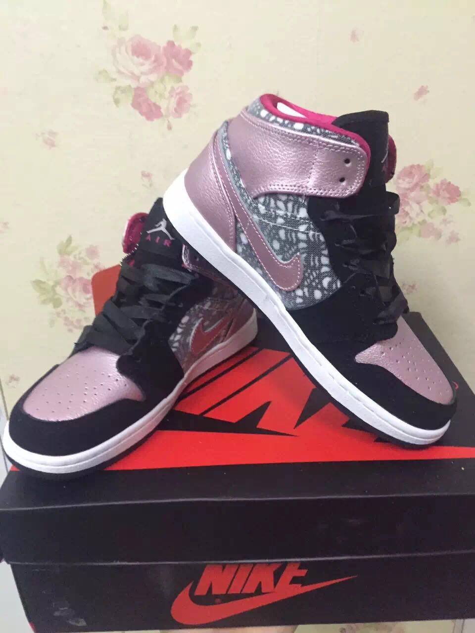 Women Air Jordan 1 Black Pink Valentine Day Shoes