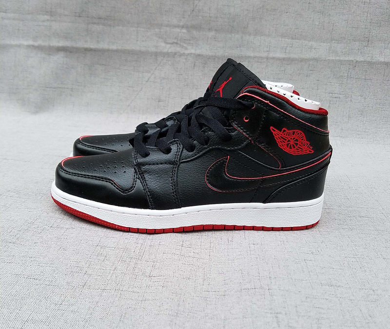 Women Air Jordan 1 Mid Black Red White Shoes