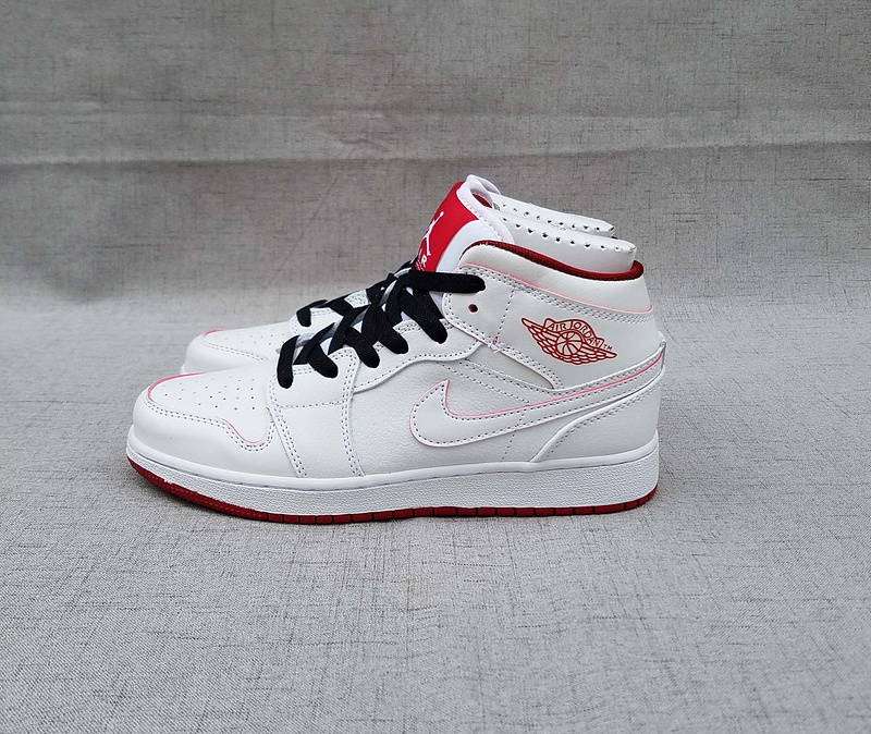 Women Air Jordan 1 Mid White Black Red Shoes