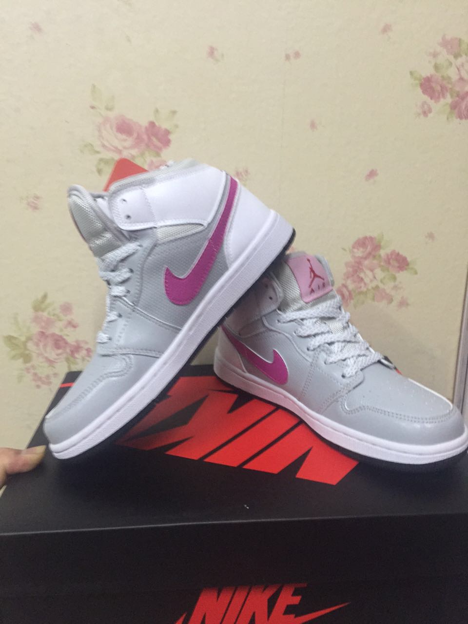 Women Air Jordan 1 White Grey Pink Shoes - Click Image to Close