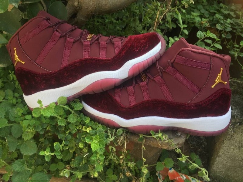 Women Air Jordan 11 Velvet Wine Red Gold Shoes