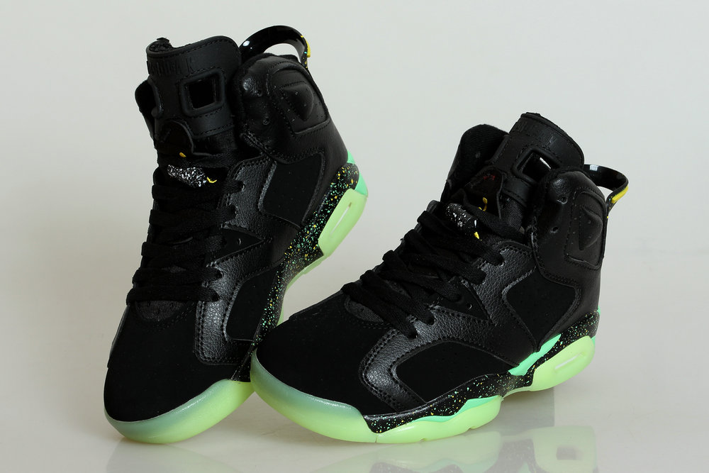 Women Air Jordan 6 Black Yellow Logo Glow in Dark Basketball Shoes