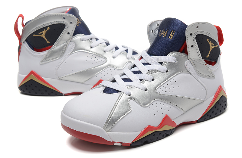 Women Air Jordan 7 PU Leather White Sliver Red Shoes