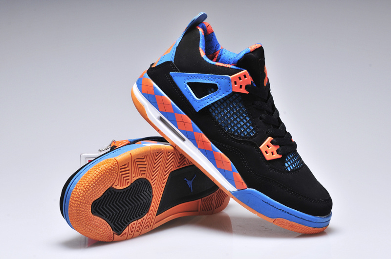 New Women Jordan 4 Barefoot Print Black Blue Orange Shoes