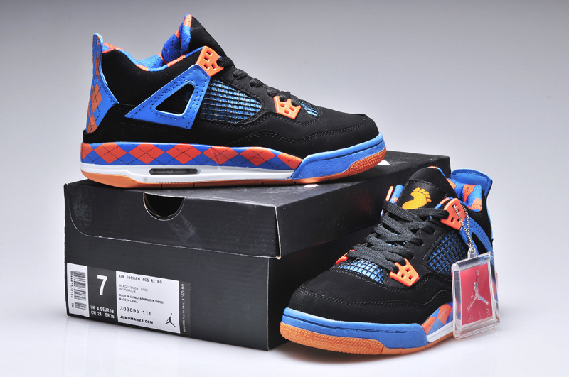 New Women Jordan 4 Barefoot Print Black Blue Orange Shoes - Click Image to Close