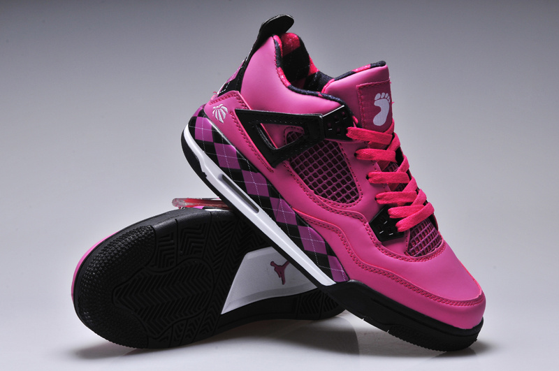 New Women Jordan 4 Barefoot Print Pink Black Shoes