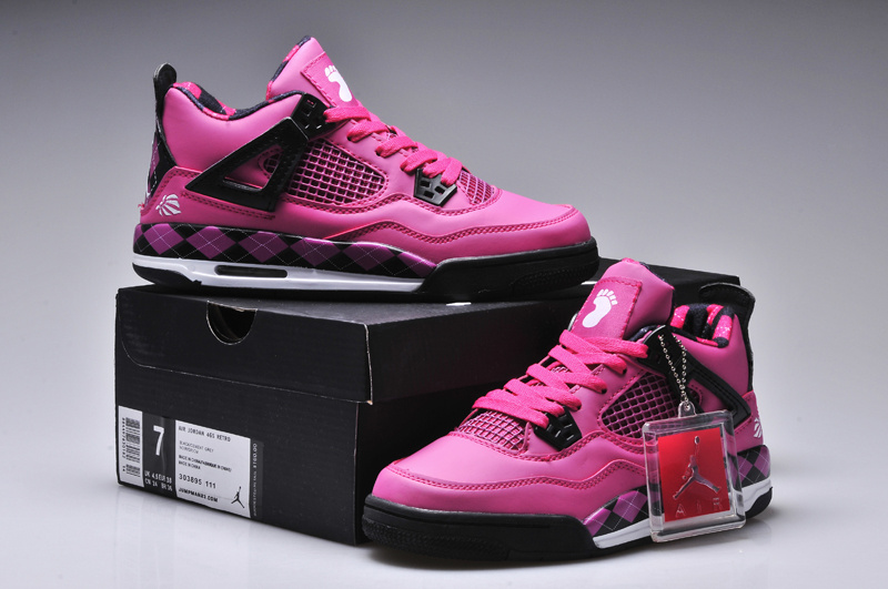 New Women Jordan 4 Barefoot Print Pink Black Shoes