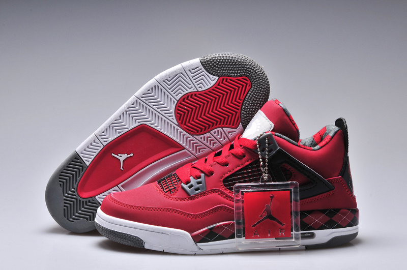 New Women Jordan 4 Barefoot Print Red Black White Shoes - Click Image to Close