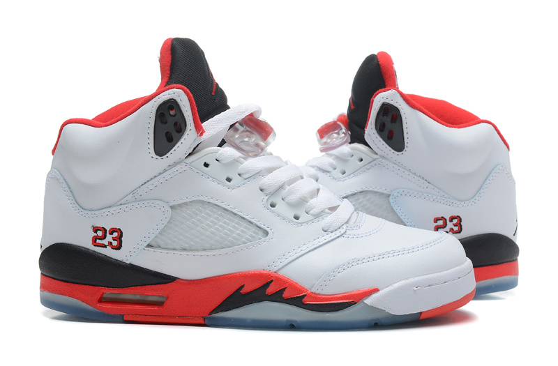 New Women Jordan 5 White Black Red Shoes