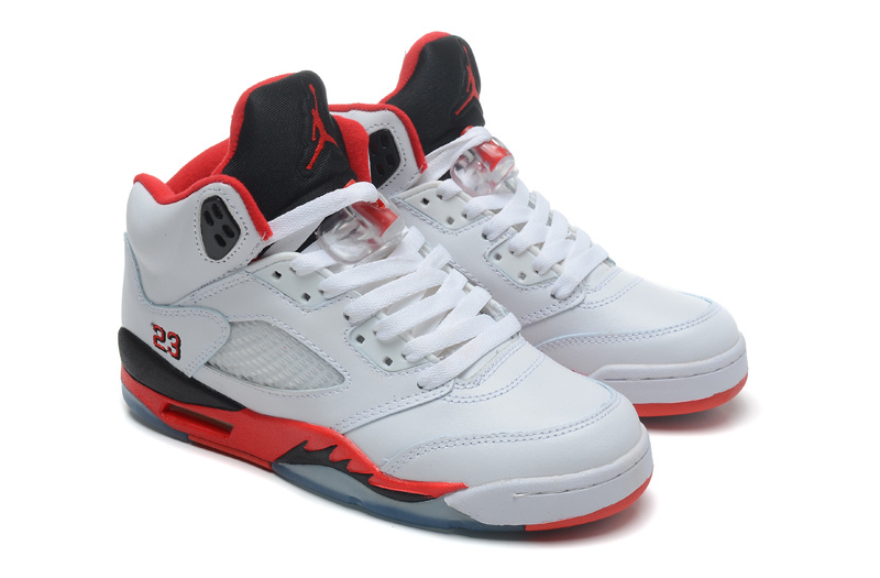 New Women Jordan 5 White Black Red Shoes - Click Image to Close