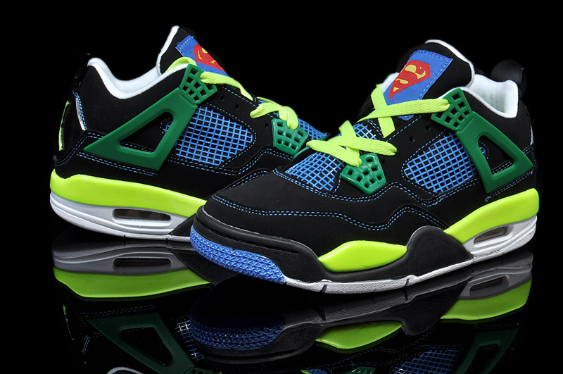 New Womens Jordan 4 Hardback Black Yellow Green Blue Shoes - Click Image to Close